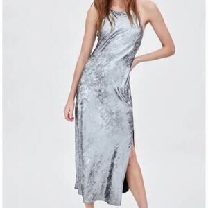 NWT Zara Silver Metallic Strappy Sleeveless Midi Dress Slit Women's size Small